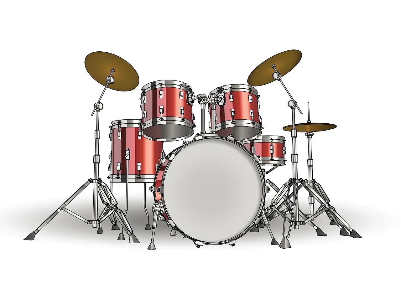 Complete red acoustic drum kit