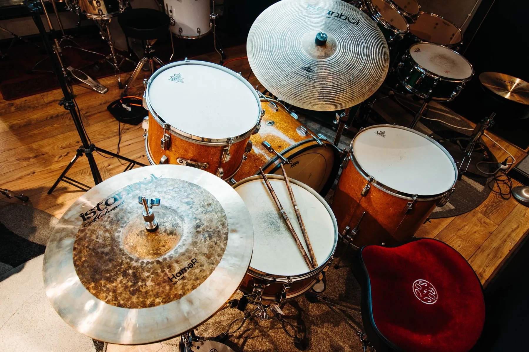 Acoustic drum kit viewed from above