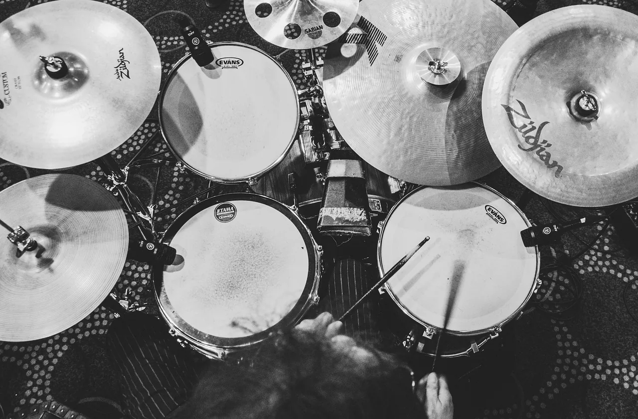 Acoustic drum kit viewed from above
