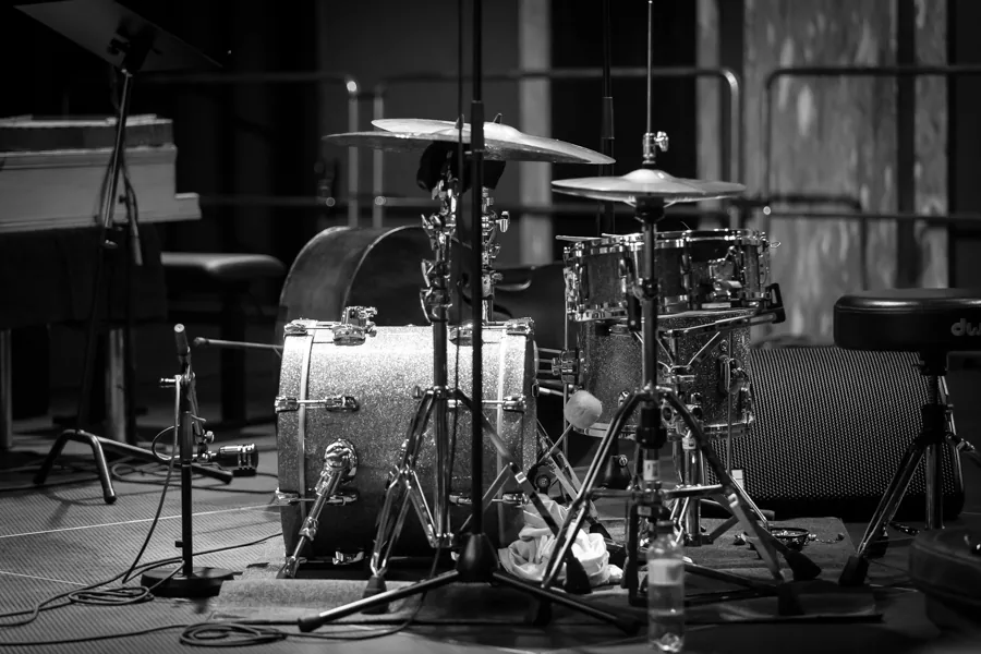 Complete acoustic drum kit in a studio Complete acoustic drum kit in a studio