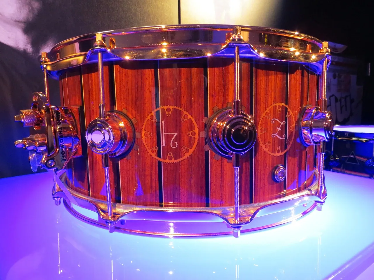 Wooden snare drum on display Wooden snare drum on display
