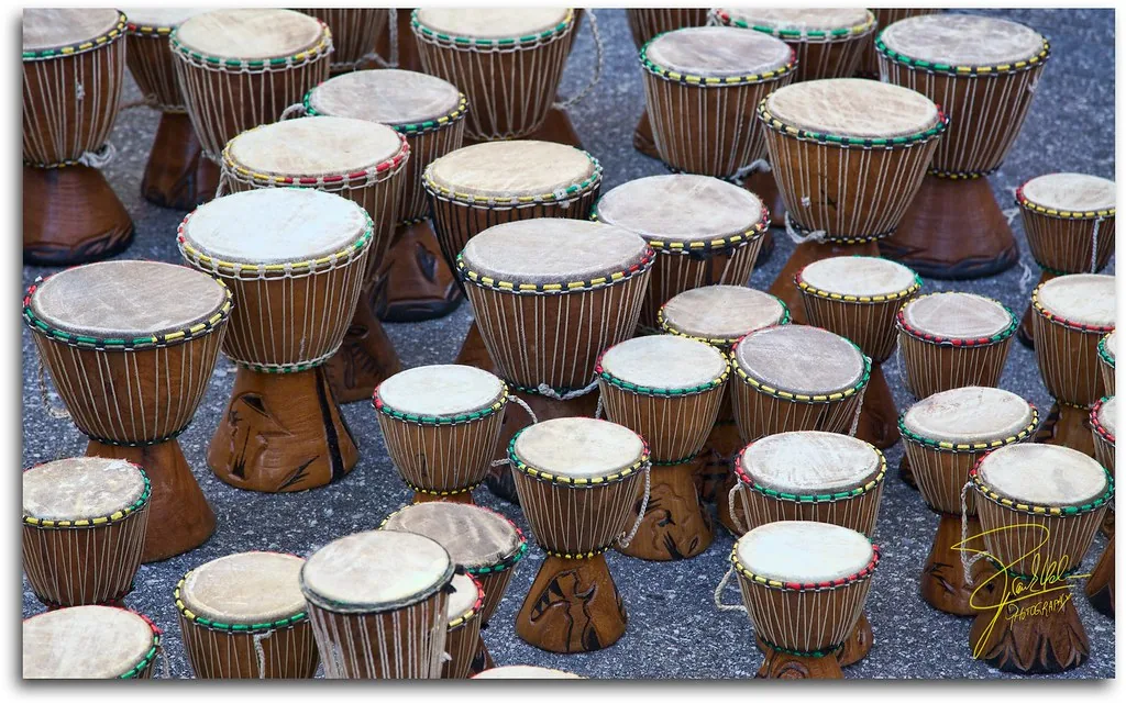 Collection of traditional African djembes Collection of traditional African djembes