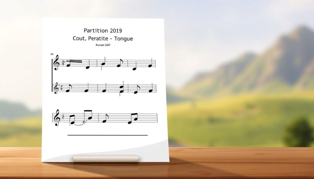 A high-resolution, detailed digital illustration of a tongue drum sheet music PDF file in the foreground, with a clean, minimalist design and a calming, natural color palette. The sheet music should have a simple, easy-to-read layout with 6 distinct notes prominently displayed. The background should feature a serene, blurred landscape with soft, diffused lighting, evoking a sense of tranquility and focus. The overall composition should be visually appealing, well-balanced, and effectively communicate the subject matter of the "Partition facile pour tongue drum 6 notes en pdf" article.