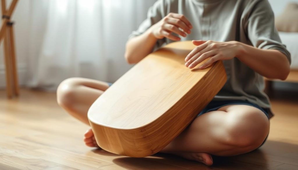 A person sitting cross-legged on a wooden floor, carefully playing a tongue drum with a serene expression. The tongue drum is positioned in the foreground, its smooth, natural wooden surface gleaming in soft, natural lighting. The player's hands move gracefully, coaxing gentle, soothing melodies from the instrument. The background is blurred, but suggests a cozy, minimalist interior, allowing the focus to remain on the player and the tongue drum. The overall atmosphere is one of tranquility, concentration, and the pure joy of making music.