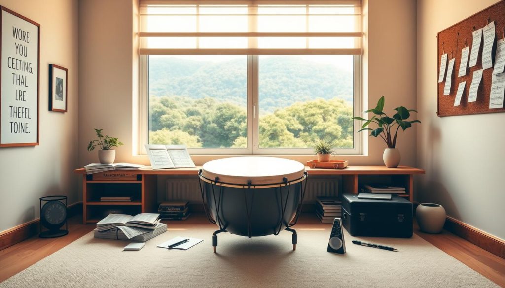 A serene, minimalist study space with a tongue drum in the foreground, surrounded by various supplementary resources - a stack of sheet music, a metronome, and a small plant. The room is bathed in warm, natural lighting, with a large window overlooking a lush, verdant landscape. The walls are adorned with motivational artwork and a corkboard displaying inspirational notes. The overall atmosphere is one of focus, tranquility, and a sense of progress, inviting the viewer to immerse themselves in the pursuit of musical growth.