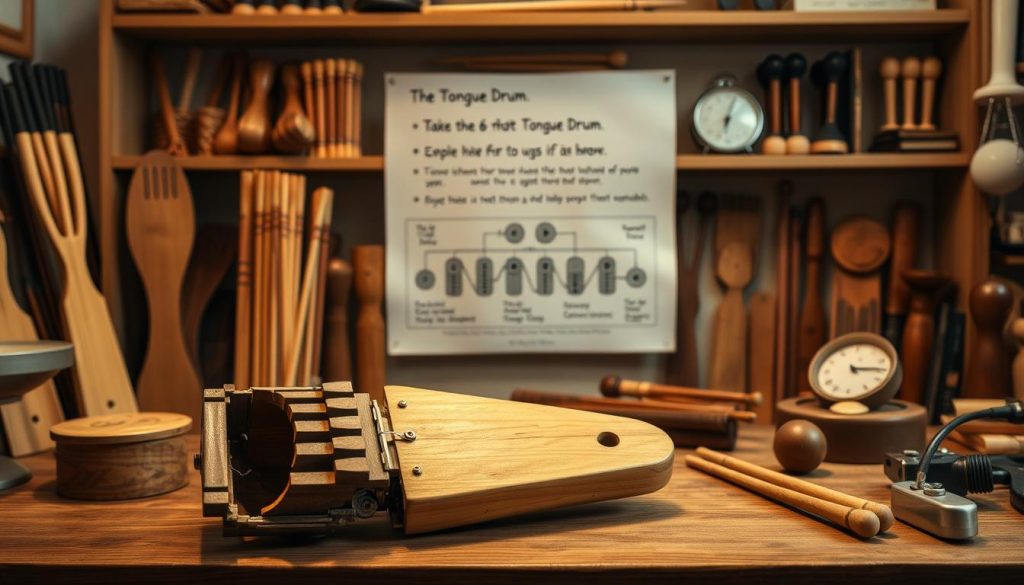 A serene, well-lit study filled with wooden instruments and tools, showcasing common mistakes to avoid when playing a 6-note tongue drum. In the foreground, a disassembled tongue drum with misaligned keys and a damaged resonance chamber. In the middle ground, a carefully annotated diagram highlighting proper assembly and tuning techniques. The background features shelves displaying neatly organized drumsticks, mallets, and a metronome, creating a sense of order and expertise. Subtle, warm lighting casts a gentle glow, emphasizing the craftsmanship and attention to detail required for this musical instrument.