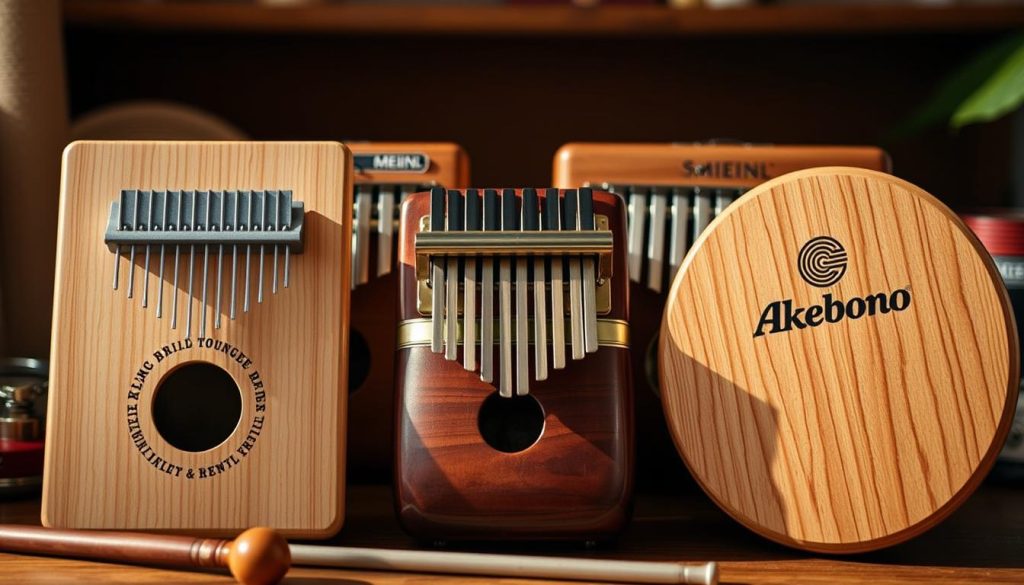 A detailed comparison of melodic musical instruments, including tongue drums from Meinl, Sonic Energy, and Akebono. The image showcases the unique designs, textures, and tones of these instruments in a harmonious arrangement, illuminated by warm, natural lighting that captures their craftsmanship and inviting aesthetic. The instruments are positioned in the foreground, with a soft, blurred background that emphasizes their centrality. The overall mood is one of contemplation and appreciation for the artistry and versatility of these musical tools.