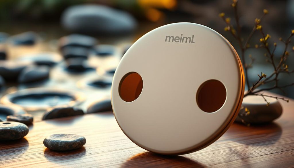 A serene and harmonious scene of a Meinl tongue drum, bathed in soft, warm lighting and set against a tranquil, natural backdrop. The instrument's sleek, handcrafted design and satin finish gleam in the gentle illumination, showcasing its premium quality and attention to detail. The drum is positioned on a polished wooden surface, surrounded by a minimalist arrangement of natural elements, such as smooth river stones and delicate foliage, creating a zen-like atmosphere. The camera angle captures the drum's elegant silhouette and inviting, resonant sound holes, enticing the viewer to experience its captivating sonic energy. An aura of craftsmanship, innovation, and musical enchantment permeates the scene.