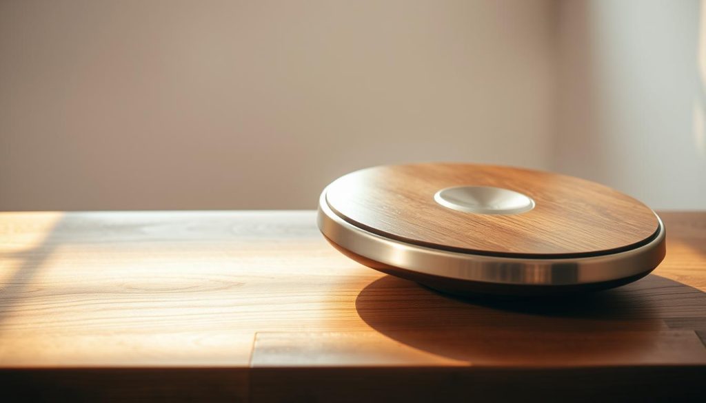A sleek, modern tongue drum resting on a minimalist wooden table, illuminated by soft, natural lighting. The instrument's metallic surface reflects the warm glow, creating a serene, contemplative atmosphere. In the foreground, the drum's unique shape and mallet-struck tones are prominently displayed, inviting the viewer to imagine the soothing, meditative sounds it produces. The middle ground features a clean, uncluttered backdrop, allowing the tongue drum to be the central focus. The overall composition conveys a sense of simplicity, quality, and the instrument's role in fostering mindfulness and relaxation.