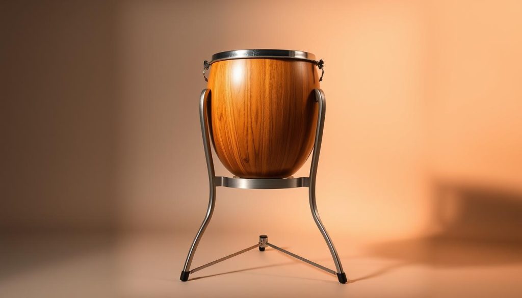 A sleek, modern tongue drum stand in a well-lit studio setting. The stand is made of brushed aluminum with a minimalist design, gently curving to support the instrument. The tongue drum is centered on the stand, its wooden tones complementing the metallic frame. Soft, directional lighting from the side casts warm shadows, highlighting the textural details of the materials. The background is a clean, neutral-toned backdrop, allowing the stand and instrument to be the focal point. The overall composition exudes a sense of stability, simplicity, and musical harmony, perfectly suited to showcase the steps for properly installing a tongue drum support.