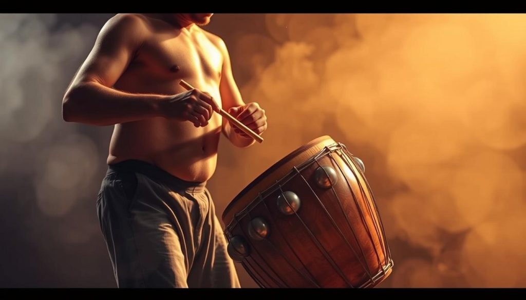 A standing musician, their body fluid and expressive, playing a tongue drum with a focused yet joyful expression. The instrument appears prominently in the foreground, its intricate wooden design and metallic tones shimmering under warm, dramatic lighting. The performer is surrounded by a blurred, atmospheric background, highlighting the captivating performance. The scene conveys a sense of energy, musicality, and the physical and emotional benefits of playing a percussion instrument while standing.