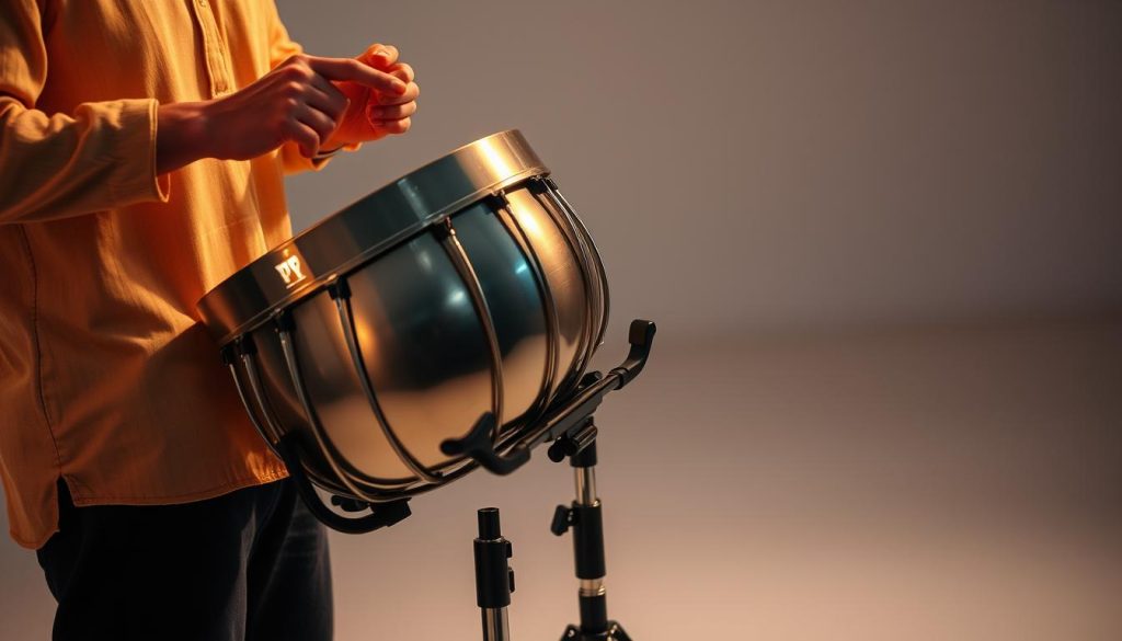 A standing tongue drum player, illuminated by soft, warm lighting, demonstrates drumming techniques. The foreground showcases the player's hands expertly striking the tongue drum's metallic tones, with close attention to the fluid motions. The middle ground features the tongue drum itself, resting on a sturdy, adjustable stand that allows the player to perform comfortably while standing. The background depicts a serene, minimalist setting, perhaps a music studio or a performance stage, creating a calming and focused atmosphere.