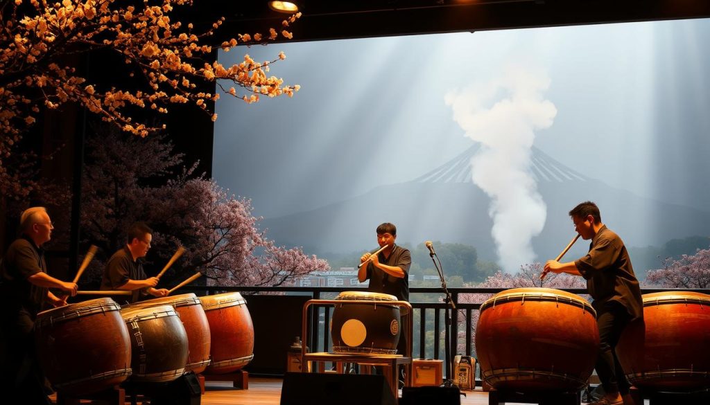 A traditional Japanese percussion ensemble performs on a dimly lit stage, bathed in warm, golden light. In the foreground, skilled drummers skillfully wield their taiko drums, their movements fluid and powerful. In the middle ground, a lone shakuhachi flute player adds a haunting, ethereal melody, their breath visible in the cool, misty air. In the background, a serene landscape of cherry blossoms and Mount Fuji creates a serene, contemplative atmosphere, evoking the timeless essence of Japanese tradition.