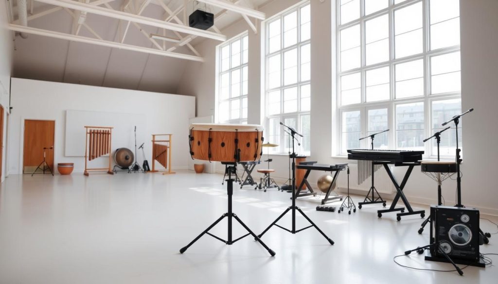 A well-lit, expansive studio space with high ceilings and large windows, bathed in natural light. In the foreground, a wooden tongue drum stands on a sturdy, adjustable floor stand, positioned at the perfect height for a standing player. The middle ground features various percussion instruments, including chimes, gongs, and a xylophone, thoughtfully arranged to create an inviting and harmonious setup. The background showcases a minimalist, uncluttered environment, with clean white walls and a tranquil atmosphere, emphasizing the focus on the musical performance. The overall scene conveys a sense of intentionality, comfort, and inspiration for the musician to fully engage with the instrument and their creative expression.