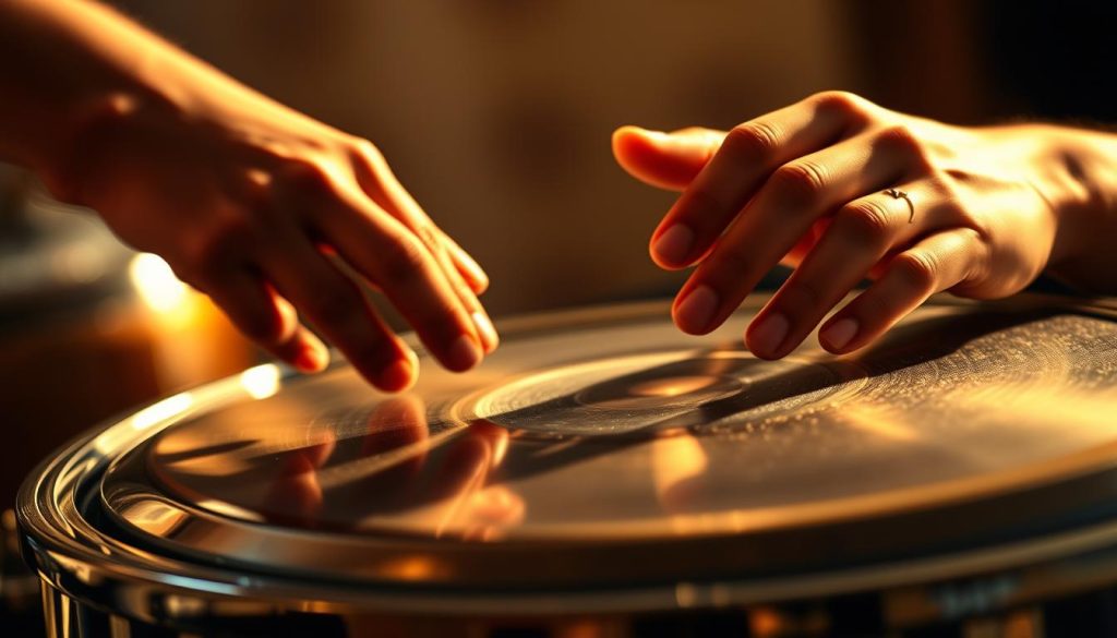A close-up shot of a person's hands skillfully playing a steel tongue drum, with the instrument's vibrant metallic tones and soothing resonance clearly visible. The player's fingers dance gracefully across the drum's surface, creating a mesmerizing rhythm. The scene is bathed in warm, soft lighting, casting a cozy, intimate atmosphere. The background is blurred, allowing the viewer to focus solely on the instrument and the performer's expressive movements. The overall composition conveys a sense of tranquility and the joy of musical exploration, perfectly capturing the essence of "Progresser rapidement avec steel tongue drum". A close-up shot of a person's hands skillfully playing a steel tongue drum, with the instrument's vibrant metallic tones and soothing resonance clearly visible. The player's fingers dance gracefully across the drum's surface, creating a mesmerizing rhythm. The scene is bathed in warm, soft lighting, casting a cozy, intimate atmosphere. The background is blurred, allowing the viewer to focus solely on the instrument and the performer's expressive movements. The overall composition conveys a sense of tranquility and the joy of musical exploration, perfectly capturing the essence of "Progresser rapidement avec steel tongue drum".