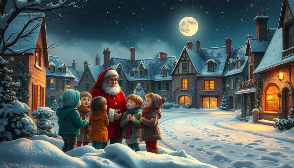 A cozy winter scene, a quaint French village blanketed in snow. In the foreground, a group of children gathered around an elderly man in a red suit, his kindly face and twinkling eyes suggesting the beloved Père Noël. The children's faces are alight with wonder and excitement as they listen, enthralled, to the man's tale. In the middle ground, traditional French architecture frames the scene, its charming gables and chimneys dusted with snow. In the background, a starry night sky and a full moon cast a soft, magical glow over the entire tableau. The lighting is warm and gentle, evoking a sense of nostalgia and the timeless traditions of the Christmas season. A cozy winter scene, a quaint French village blanketed in snow. In the foreground, a group of children gathered around an elderly man in a red suit, his kindly face and twinkling eyes suggesting the beloved Père Noël. The children's faces are alight with wonder and excitement as they listen, enthralled, to the man's tale. In the middle ground, traditional French architecture frames the scene, its charming gables and chimneys dusted with snow. In the background, a starry night sky and a full moon cast a soft, magical glow over the entire tableau. The lighting is warm and gentle, evoking a sense of nostalgia and the timeless traditions of the Christmas season.
