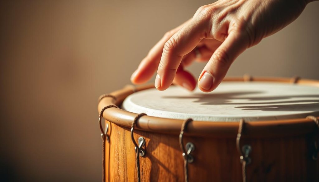 A detailed close-up of a tongue drum in warm, natural lighting, showcasing the intricate tuning process. The drum's wooden body is prominently featured, with the metal tongues clearly visible. The focus is on the delicate hand adjustments being made to the tongues, highlighting the precision and care required to properly tune the instrument. The image conveys a sense of focus and concentration, with a serene, meditative atmosphere. The background is softly blurred, emphasizing the subject matter. The overall composition and lighting create a visually striking and informative illustration of the tuning method. A detailed close-up of a tongue drum in warm, natural lighting, showcasing the intricate tuning process. The drum's wooden body is prominently featured, with the metal tongues clearly visible. The focus is on the delicate hand adjustments being made to the tongues, highlighting the precision and care required to properly tune the instrument. The image conveys a sense of focus and concentration, with a serene, meditative atmosphere. The background is softly blurred, emphasizing the subject matter. The overall composition and lighting create a visually striking and informative illustration of the tuning method.