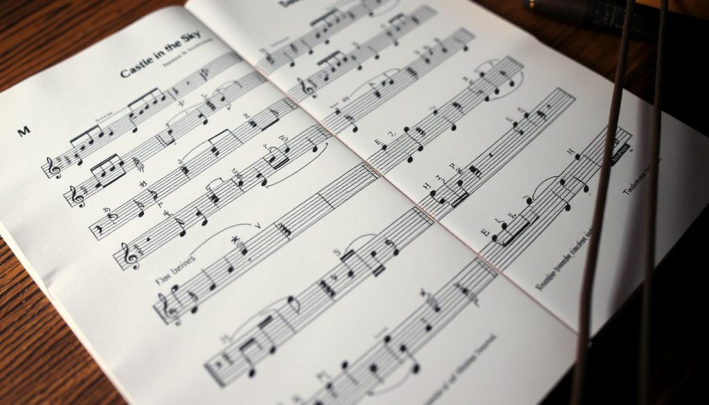 A detailed music score for a melodic instrument, such as a tongue drum, displayed on a wooden surface. The sheet music features carefully crafted notes, dynamics, and tempo markings, providing clear visual guidance for the musician. The lighting is soft and natural, highlighting the texture of the wood and the clarity of the written notation. The angle is slightly elevated, allowing the viewer to appreciate the intricacies of the score. The overall mood is one of focused concentration and the anticipation of playing a beloved piece, like "Castle in the Sky." A detailed music score for a melodic instrument, such as a tongue drum, displayed on a wooden surface. The sheet music features carefully crafted notes, dynamics, and tempo markings, providing clear visual guidance for the musician. The lighting is soft and natural, highlighting the texture of the wood and the clarity of the written notation. The angle is slightly elevated, allowing the viewer to appreciate the intricacies of the score. The overall mood is one of focused concentration and the anticipation of playing a beloved piece, like "Castle in the Sky."