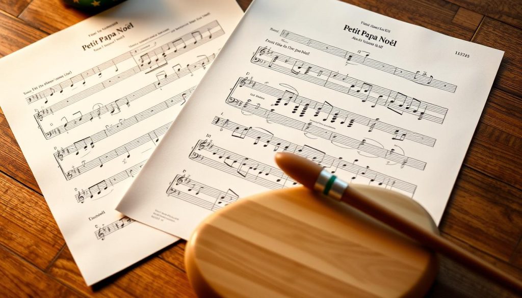 A detailed sheet music for a tongue drum arrangement of the classic French Christmas carol "Petit Papa Noël", placed on a wooden surface with a warm, soft lighting. The sheet music is neatly organized, with clear notation and dynamics, reflecting the joyful and whimsical nature of the carol. The tongue drum, a unique and soothing percussion instrument, is positioned nearby, ready to be played. The overall scene conveys a sense of tranquility and holiday cheer, inviting the viewer to imagine the peaceful, melodic performance of this beloved yuletide tune. A detailed sheet music for a tongue drum arrangement of the classic French Christmas carol "Petit Papa Noël", placed on a wooden surface with a warm, soft lighting. The sheet music is neatly organized, with clear notation and dynamics, reflecting the joyful and whimsical nature of the carol. The tongue drum, a unique and soothing percussion instrument, is positioned nearby, ready to be played. The overall scene conveys a sense of tranquility and holiday cheer, inviting the viewer to imagine the peaceful, melodic performance of this beloved yuletide tune.
