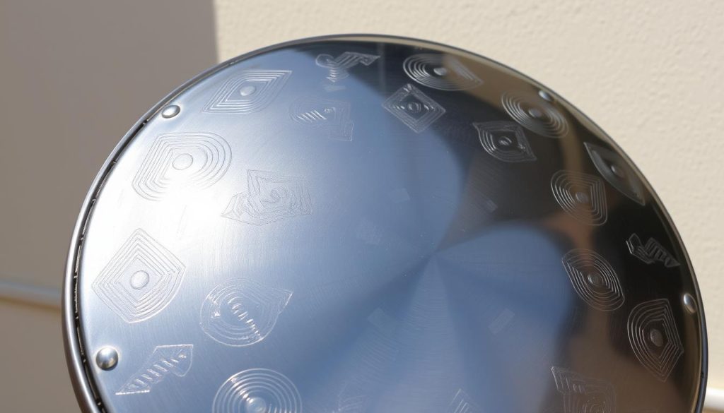 A high-quality steel tongue drum with a metallic sheen, showcased in natural lighting. The drum's surface features a smooth, uniform texture, with intricate patterns etched into the metal, creating a visually striking and tactile effect. The instrument is positioned against a simple, neutral background, allowing the material and craftsmanship to take center stage. The lighting is soft and diffused, accentuating the drum's contours and highlighting the unique timbre and resonance of the steel. The overall composition emphasizes the material's durability, resonance, and aesthetic appeal, making it an ideal choice for a beginner's steel tongue drum.