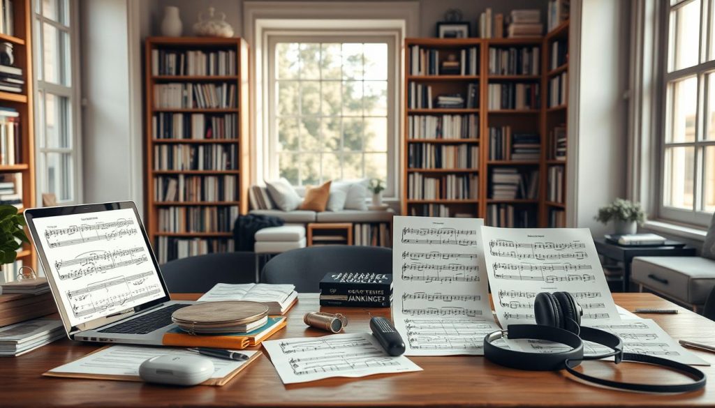 A serene and organized workspace with a laptop, sheet music, and various musical instruments such as a tongue drum, metronome, and headphones. The scene is illuminated by soft, natural lighting filtering through large windows, creating a warm and inviting atmosphere. The background features bookshelves filled with sheet music and resources, hinting at the abundance of free musical scores available. The overall composition conveys a sense of focus, creativity, and the joy of exploring and discovering new musical pieces. A serene and organized workspace with a laptop, sheet music, and various musical instruments such as a tongue drum, metronome, and headphones. The scene is illuminated by soft, natural lighting filtering through large windows, creating a warm and inviting atmosphere. The background features bookshelves filled with sheet music and resources, hinting at the abundance of free musical scores available. The overall composition conveys a sense of focus, creativity, and the joy of exploring and discovering new musical pieces.
