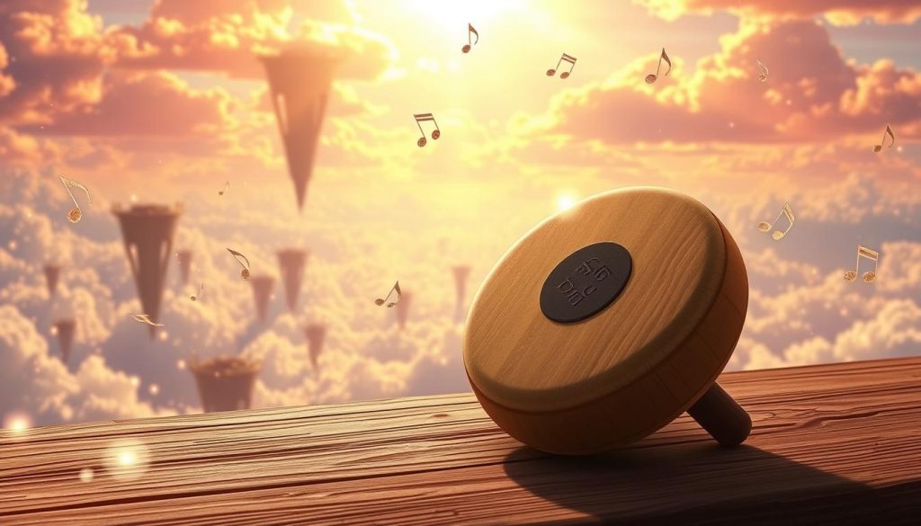 A serene tongue drum resting on a wooden surface, surrounded by floating musical notes and shimmering particles of light. In the background, a stunning landscape from the beloved anime film "Castle in the Sky" unfolds, with its floating islands and a vibrant, ethereal sky. The scene is bathed in a warm, golden glow, creating a dreamlike and enchanting atmosphere that invites the viewer to imagine the soothing melodies that could be played on this unique instrument, bringing the iconic soundtrack to life in a visually captivating way. A serene tongue drum resting on a wooden surface, surrounded by floating musical notes and shimmering particles of light. In the background, a stunning landscape from the beloved anime film "Castle in the Sky" unfolds, with its floating islands and a vibrant, ethereal sky. The scene is bathed in a warm, golden glow, creating a dreamlike and enchanting atmosphere that invites the viewer to imagine the soothing melodies that could be played on this unique instrument, bringing the iconic soundtrack to life in a visually captivating way.