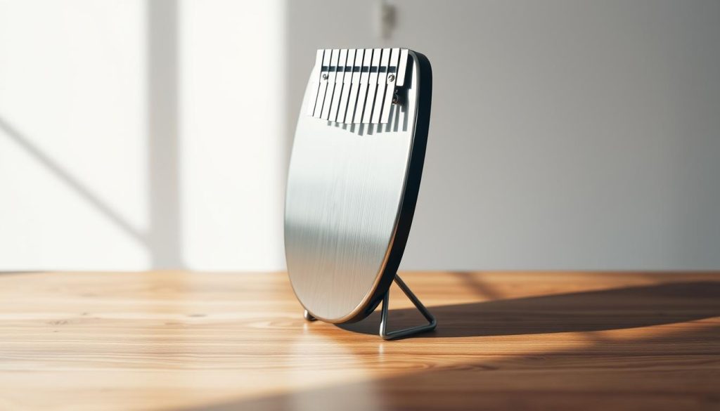 A sleek, minimalist steel tongue drum standing upright on a wooden surface, capturing the essence of "Quelle taille de steel tongue drum choisir ?". The drum features a polished steel finish, with a clean, uncluttered design that showcases its 8 notes. Soft, natural lighting from the side creates subtle shadows, highlighting the drum's curves and texture. The scene is framed in a crisp, high-resolution close-up, allowing the viewer to appreciate the drum's craftsmanship and size. The overall mood is one of simplicity, focus, and the tactile quality of the instrument.