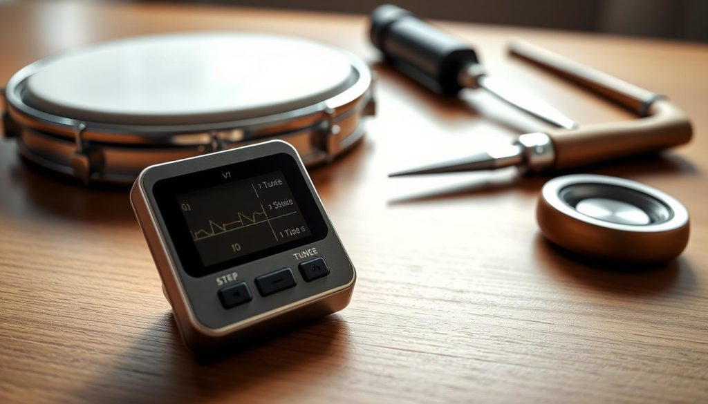 A sleek, professional-grade electronic tuner resting on a smooth, wooden surface, its digital display illuminated with precision settings. The tuner's metallic casing reflects the soft, natural lighting of the scene, creating a minimalist, high-tech aesthetic. In the background, a tongue drum sits awaiting its carefully calibrated tune, the tools of the trade assembled nearby, ready to guide the tuning process step-by-step. The overall mood is one of focus, efficiency, and the care required to ensure a perfect, harmonious result. A sleek, professional-grade electronic tuner resting on a smooth, wooden surface, its digital display illuminated with precision settings. The tuner's metallic casing reflects the soft, natural lighting of the scene, creating a minimalist, high-tech aesthetic. In the background, a tongue drum sits awaiting its carefully calibrated tune, the tools of the trade assembled nearby, ready to guide the tuning process step-by-step. The overall mood is one of focus, efficiency, and the care required to ensure a perfect, harmonious result.