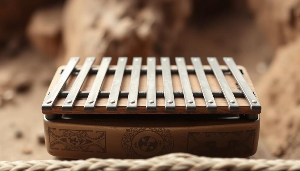 A steel tongue drum with 8 notes, positioned in the center of the frame against a blurred, earthy background. The drum is shown in a warm, diffused lighting, with a soft focus on the intricate patterns and textures of the metal tines. The instrument is captured from a slightly elevated angle, conveying a sense of tactility and inviting the viewer to imagine the soothing, resonant tones it produces. The overall mood is one of tranquility and contemplation, capturing the essence of the steel tongue drum as a meditative and calming musical instrument.