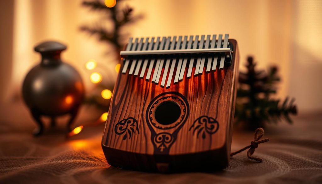 Kalimba decorative for festive celebrations, a whimsical and enchanting tongue drum with elegant wooden tones and intricate patterns. Placed against a softly blurred backdrop, the kalimba is illuminated by warm, diffused lighting, casting gentle shadows that accentuate its delicate features. The instrument rests upon a subtly textured surface, hinting at a cozy, intimate setting, perfect for a celebratory musical performance or a serene moment of contemplation. The overall mood is one of refined sophistication and a touch of holiday cheer, inviting the viewer to imagine the soothing, resonant tones that could emanate from this captivating kalimba. Kalimba decorative for festive celebrations, a whimsical and enchanting tongue drum with elegant wooden tones and intricate patterns. Placed against a softly blurred backdrop, the kalimba is illuminated by warm, diffused lighting, casting gentle shadows that accentuate its delicate features. The instrument rests upon a subtly textured surface, hinting at a cozy, intimate setting, perfect for a celebratory musical performance or a serene moment of contemplation. The overall mood is one of refined sophistication and a touch of holiday cheer, inviting the viewer to imagine the soothing, resonant tones that could emanate from this captivating kalimba.