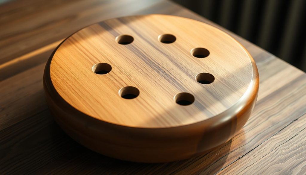 A close-up view of a tongue drum, its wooden surface polished and smooth, positioned prominently on a wooden table. The drum's circular shape is accentuated by the natural grain of the wood, and its multiple tone holes are arranged in a symmetrical pattern. Soft, diffused lighting casts gentle shadows, highlighting the drum's organic texture and creating a warm, meditative atmosphere. The table's surface is uncluttered, allowing the tongue drum to be the sole focus of the composition, inviting the viewer to explore its unique sound-making capabilities. A close-up view of a tongue drum, its wooden surface polished and smooth, positioned prominently on a wooden table. The drum's circular shape is accentuated by the natural grain of the wood, and its multiple tone holes are arranged in a symmetrical pattern. Soft, diffused lighting casts gentle shadows, highlighting the drum's organic texture and creating a warm, meditative atmosphere. The table's surface is uncluttered, allowing the tongue drum to be the sole focus of the composition, inviting the viewer to explore its unique sound-making capabilities.