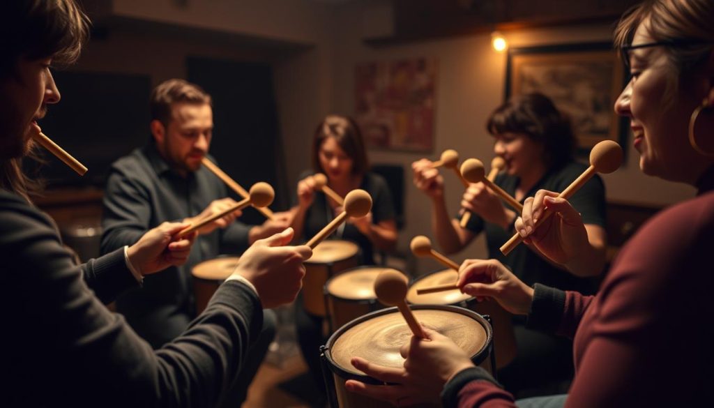 A group of people playing tongue drums together, their hands holding wooden mallets, creating a lively and rhythmic performance. The scene is set in a cozy, dimly lit rehearsal space, with soft ambient lighting casting a warm glow on the musicians. The focus is on the interplay of the beguiling sounds produced by the group's synchronized strikes on the instruments, their movements fluid and coordinated. The overall atmosphere is one of camaraderie and shared musical exploration, inviting the viewer to imagine the captivating sonic experience. A group of people playing tongue drums together, their hands holding wooden mallets, creating a lively and rhythmic performance. The scene is set in a cozy, dimly lit rehearsal space, with soft ambient lighting casting a warm glow on the musicians. The focus is on the interplay of the beguiling sounds produced by the group's synchronized strikes on the instruments, their movements fluid and coordinated. The overall atmosphere is one of camaraderie and shared musical exploration, inviting the viewer to imagine the captivating sonic experience.
