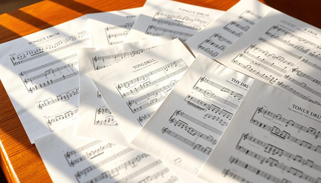A neatly arranged collection of sheet music pages for a tongue drum, showcasing various musical notations and tablature layouts. The sheets are illuminated by warm, natural lighting, casting soft shadows and creating a serene, educational atmosphere. The pages are positioned on a wooden surface, perhaps a desk or music stand, reflecting the instrument's organic, handcrafted nature. The focus is on the clarity and legibility of the musical scores, designed to help the viewer understand the structure and composition of melodies for the tongue drum. A neatly arranged collection of sheet music pages for a tongue drum, showcasing various musical notations and tablature layouts. The sheets are illuminated by warm, natural lighting, casting soft shadows and creating a serene, educational atmosphere. The pages are positioned on a wooden surface, perhaps a desk or music stand, reflecting the instrument's organic, handcrafted nature. The focus is on the clarity and legibility of the musical scores, designed to help the viewer understand the structure and composition of melodies for the tongue drum.
