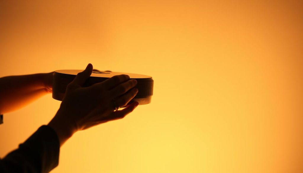 A serene and minimalist scene of a tongue drum being played, with soft, warm lighting illuminating the wooden instrument against a neutral, soothing background. The player's hands are visible, delicately striking the drum's distinctive tongues, creating a mesmerizing and calming melody. The composition emphasizes the simplicity and tactile nature of the tongue drum, highlighting its therapeutic and meditative qualities. Subtle atmospheric elements, such as a gentle haze or a sense of depth, contribute to the tranquil and introspective mood. The overall impression conveys the advantages of the tongue drum as a contemplative and relaxing musical experience. A serene and minimalist scene of a tongue drum being played, with soft, warm lighting illuminating the wooden instrument against a neutral, soothing background. The player's hands are visible, delicately striking the drum's distinctive tongues, creating a mesmerizing and calming melody. The composition emphasizes the simplicity and tactile nature of the tongue drum, highlighting its therapeutic and meditative qualities. Subtle atmospheric elements, such as a gentle haze or a sense of depth, contribute to the tranquil and introspective mood. The overall impression conveys the advantages of the tongue drum as a contemplative and relaxing musical experience.