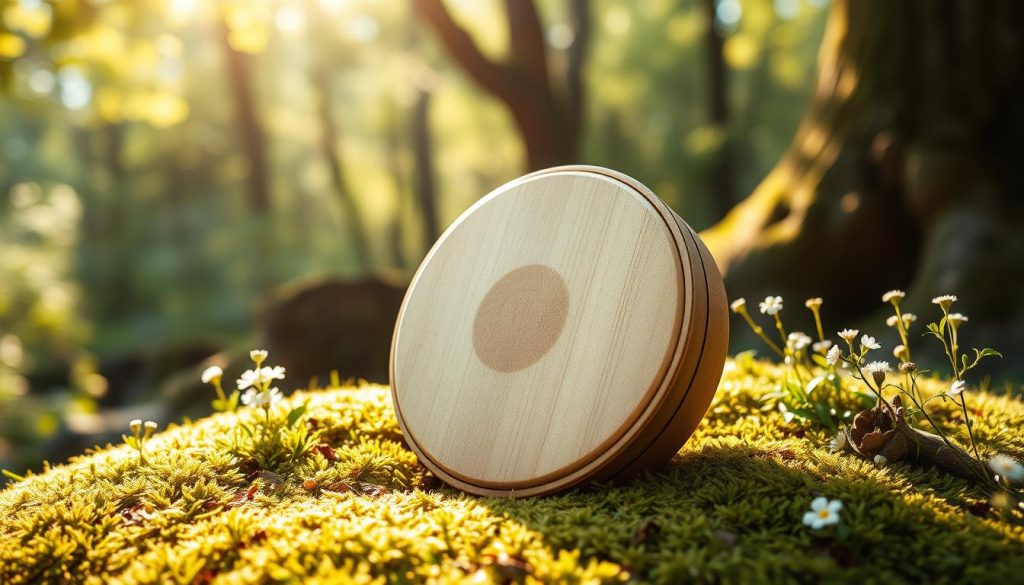 A serene and tranquil scene of a handcrafted tongue drum in a natural setting. The drum is positioned on a bed of soft moss, surrounded by lush greenery and delicate wildflowers. Warm, gentle sunlight filters through the canopy of trees, casting a soothing glow on the drum's wooden surface. The instrument appears to emanate a calming energy, inviting the viewer to experience its therapeutic resonance. The composition emphasizes the harmony between the drum and its natural environment, evoking a sense of inner peace and well-being. The image is captured with a shallow depth of field, focusing the attention on the central subject and its inherent therapeutic qualities.