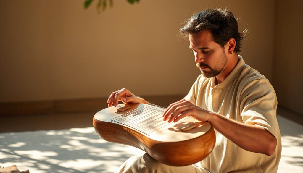 A skilled musician intently practices a 7-note tongue drum in a serene, sun-dappled setting. The player's focused expression and nimble fingers effortlessly coax soothing, resonant tones from the handcrafted instrument. Warm, diffused lighting casts gentle shadows, creating a meditative atmosphere. The drum's organic, wooden form rests on a simple, minimalist surface, allowing the music to take center stage. This tranquil scene embodies the essence of effective tongue drum practice, inviting the viewer to become immersed in the calming, rhythmic exploration of this unique percussive instrument. A skilled musician intently practices a 7-note tongue drum in a serene, sun-dappled setting. The player's focused expression and nimble fingers effortlessly coax soothing, resonant tones from the handcrafted instrument. Warm, diffused lighting casts gentle shadows, creating a meditative atmosphere. The drum's organic, wooden form rests on a simple, minimalist surface, allowing the music to take center stage. This tranquil scene embodies the essence of effective tongue drum practice, inviting the viewer to become immersed in the calming, rhythmic exploration of this unique percussive instrument.