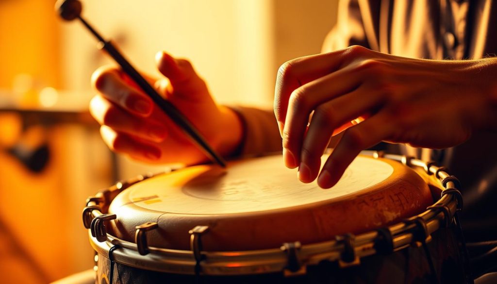 A skilled tongue drummer performing advanced techniques, their hands gracefully striking the resonant drum. The scene is captured in a warm, golden light, emphasizing the textures and contours of the instrument. The background is blurred, placing the focus on the musician's intricate hand movements as they explore the drum's tonal capabilities. The composition is balanced, with the tongue drum positioned centrally, allowing the viewer to fully appreciate the artistry and precision of the performance. A skilled tongue drummer performing advanced techniques, their hands gracefully striking the resonant drum. The scene is captured in a warm, golden light, emphasizing the textures and contours of the instrument. The background is blurred, placing the focus on the musician's intricate hand movements as they explore the drum's tonal capabilities. The composition is balanced, with the tongue drum positioned centrally, allowing the viewer to fully appreciate the artistry and precision of the performance.