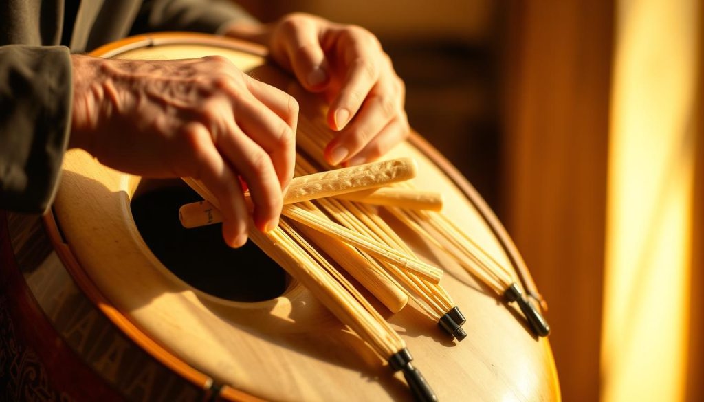A tongue drum player's hands skillfully weaving baguettes between the instrument's resonating chambers, creating a dynamic, rhythmic interplay. The scene is bathed in warm, golden lighting, highlighting the tactile textures of the wooden drum and the player's focused movements. The background is blurred, drawing the viewer's attention to the central action, as the player seamlessly integrates the baguettes into their mesmerizing musical performance. A tongue drum player's hands skillfully weaving baguettes between the instrument's resonating chambers, creating a dynamic, rhythmic interplay. The scene is bathed in warm, golden lighting, highlighting the tactile textures of the wooden drum and the player's focused movements. The background is blurred, drawing the viewer's attention to the central action, as the player seamlessly integrates the baguettes into their mesmerizing musical performance.