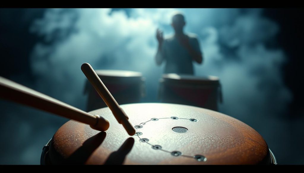 A visually striking tongue drum performance, captured with cinematic flair. In the foreground, a pair of wooden drumsticks gracefully dance across the instrument's surface, creating intricate rhythmic patterns. The middle ground showcases the tongue drum itself, its distinctive tones and textures highlighted by dramatic lighting. In the background, a sense of mystery and wonder prevails, with a softly diffused, atmospheric setting that complements the musical performance. The overall scene conveys a captivating blend of technical mastery and artistic expression, inviting the viewer to immerse themselves in the mesmerizing world of tongue drum experimentation. A visually striking tongue drum performance, captured with cinematic flair. In the foreground, a pair of wooden drumsticks gracefully dance across the instrument's surface, creating intricate rhythmic patterns. The middle ground showcases the tongue drum itself, its distinctive tones and textures highlighted by dramatic lighting. In the background, a sense of mystery and wonder prevails, with a softly diffused, atmospheric setting that complements the musical performance. The overall scene conveys a captivating blend of technical mastery and artistic expression, inviting the viewer to immerse themselves in the mesmerizing world of tongue drum experimentation.