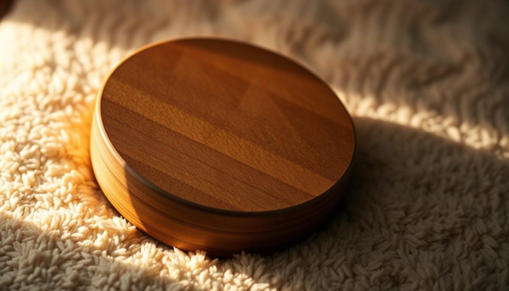 A wooden tongue drum resting on a soft, plush surface, its distinct circular shape and array of evenly spaced indents visible. The instrument is positioned at a slight angle, casting subtle shadows that accentuate its intricate details. The lighting is warm and diffused, creating a cozy, inviting atmosphere. The focus is sharp, drawing the viewer's attention to the drum's tactile texture and the delicate interplay of light and shadow. The background is slightly blurred, allowing the tongue drum to take center stage, ready to be played and explored. A wooden tongue drum resting on a soft, plush surface, its distinct circular shape and array of evenly spaced indents visible. The instrument is positioned at a slight angle, casting subtle shadows that accentuate its intricate details. The lighting is warm and diffused, creating a cozy, inviting atmosphere. The focus is sharp, drawing the viewer's attention to the drum's tactile texture and the delicate interplay of light and shadow. The background is slightly blurred, allowing the tongue drum to take center stage, ready to be played and explored.