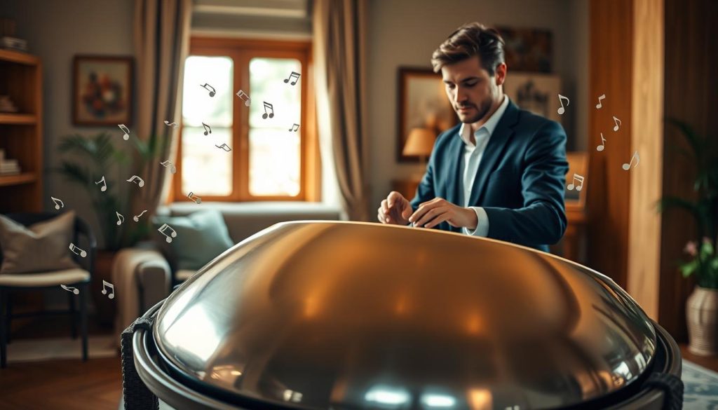 A beautiful handpan displayed prominently in the foreground, crafted from high-quality metal with a polished finish, reflecting light softly. The instrument is surrounded by delicate musical notes emanating from it, suggesting a serene and captivating sound. In the middle ground, a musician in smart casual attire, gently playing the handpan, with a focused and peaceful expression. The background features a cozy, inviting room with warm wooden tones and soft natural lighting filtering through a window, adding a tranquil atmosphere. The scene conveys a sense of harmony and craftsmanship associated with high-quality handpans, inviting viewers to contemplate the value of this unique instrument. The composition should have a soft focus in the background, emphasizing the handpan and musician. A beautiful handpan displayed prominently in the foreground, crafted from high-quality metal with a polished finish, reflecting light softly. The instrument is surrounded by delicate musical notes emanating from it, suggesting a serene and captivating sound. In the middle ground, a musician in smart casual attire, gently playing the handpan, with a focused and peaceful expression. The background features a cozy, inviting room with warm wooden tones and soft natural lighting filtering through a window, adding a tranquil atmosphere. The scene conveys a sense of harmony and craftsmanship associated with high-quality handpans, inviting viewers to contemplate the value of this unique instrument. The composition should have a soft focus in the background, emphasizing the handpan and musician.