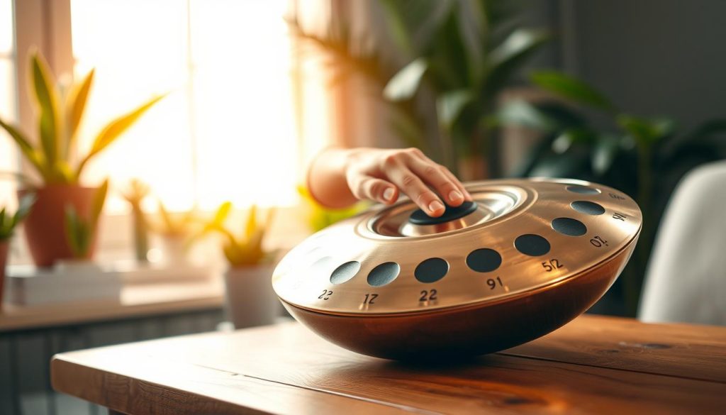 A beautifully arranged handpan in the foreground displayed elegantly on a wooden surface, showcasing its unique layout of notes. The handpan gleams under warm, soft lighting, highlighting its metallic texture and intricate craftsmanship. In the middle ground, a blurred hand is seen gently tapping on the instrument, demonstrating the musical interaction, with fingers poised delicately over the notes. In the background, a serene indoor environment provides a calming atmosphere, with plants softly out of focus and warm, natural light streaming through a window. The overall mood evokes a sense of tranquility and inspiration, perfect for illustrating the influence of the number of notes on sound and play in a handpan. A beautifully arranged handpan in the foreground displayed elegantly on a wooden surface, showcasing its unique layout of notes. The handpan gleams under warm, soft lighting, highlighting its metallic texture and intricate craftsmanship. In the middle ground, a blurred hand is seen gently tapping on the instrument, demonstrating the musical interaction, with fingers poised delicately over the notes. In the background, a serene indoor environment provides a calming atmosphere, with plants softly out of focus and warm, natural light streaming through a window. The overall mood evokes a sense of tranquility and inspiration, perfect for illustrating the influence of the number of notes on sound and play in a handpan.