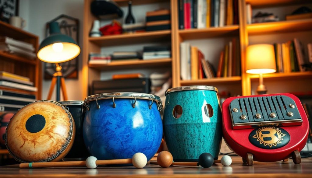 A detailed still life composition showcasing various handpan alternatives suitable for a limited budget. In the foreground, display a selection of affordable percussion instruments like a tongue drum, a djembe, and a pocket piano, each with vibrant colors and unique textures. The middle ground features a cozy music setting with a softly glowing lamp, casting warm light that enhances the instruments. The background includes shelves lined with musical accessories, such as mallets and instructional books, in a warmly lit room that suggests a friendly and inviting atmosphere. Capture the scene from a slightly elevated angle to provide depth and emphasis on the instruments, evoking a mood of creativity and accessibility in music. A detailed still life composition showcasing various handpan alternatives suitable for a limited budget. In the foreground, display a selection of affordable percussion instruments like a tongue drum, a djembe, and a pocket piano, each with vibrant colors and unique textures. The middle ground features a cozy music setting with a softly glowing lamp, casting warm light that enhances the instruments. The background includes shelves lined with musical accessories, such as mallets and instructional books, in a warmly lit room that suggests a friendly and inviting atmosphere. Capture the scene from a slightly elevated angle to provide depth and emphasis on the instruments, evoking a mood of creativity and accessibility in music.