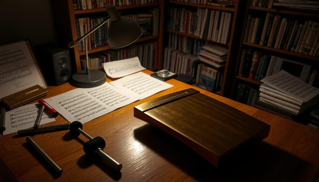 A dimly lit wooden desktop, its surface covered in sheet music and handwritten notes. In the foreground, a tongue drum in the key of D minor, its bronze-colored tones reflecting the warm glow of a single desk lamp. Surrounding the drum, various percussion instruments like mallets, dampeners, and dampening pads, hinting at the process of composing and arranging for this unique instrument. In the background, a bookshelf filled with music theory books and sheet music, conveying a sense of expertise and dedication to the craft. The overall atmosphere is one of focused creativity, inviting the viewer to explore the art of crafting tongue drum compositions in the key of D minor. A dimly lit wooden desktop, its surface covered in sheet music and handwritten notes. In the foreground, a tongue drum in the key of D minor, its bronze-colored tones reflecting the warm glow of a single desk lamp. Surrounding the drum, various percussion instruments like mallets, dampeners, and dampening pads, hinting at the process of composing and arranging for this unique instrument. In the background, a bookshelf filled with music theory books and sheet music, conveying a sense of expertise and dedication to the craft. The overall atmosphere is one of focused creativity, inviting the viewer to explore the art of crafting tongue drum compositions in the key of D minor.