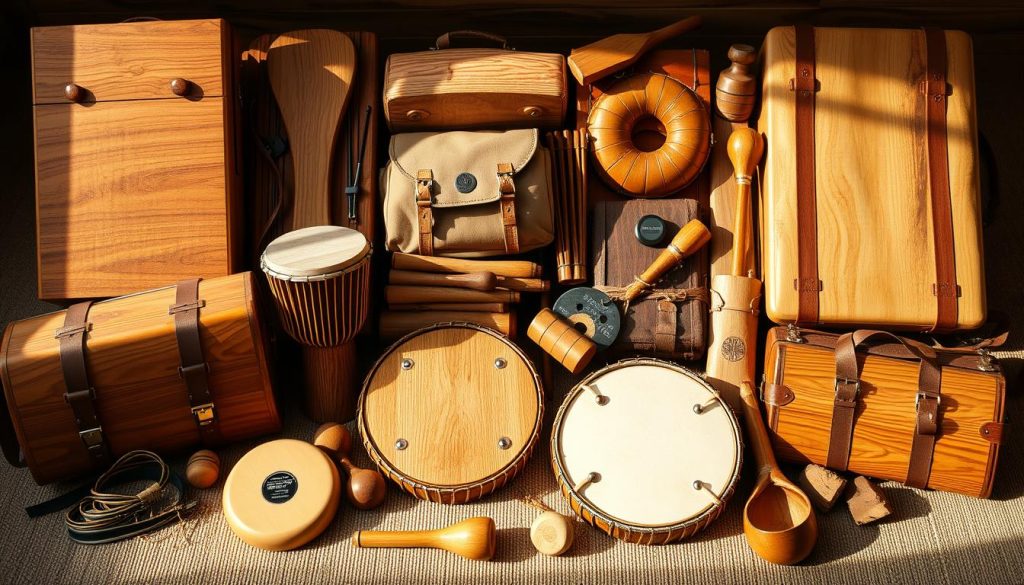 A neatly arranged collection of tongue drum accessories, including a variety of hand-crafted wooden cases, carrying bags, and bundles that showcase the instrument's portability and versatility. The scene is bathed in warm, natural lighting, highlighting the tactile textures and rich tones of the wooden elements. The arrangement is visually balanced, with the tongue drums themselves taking center stage, surrounded by complementary accessories that elevate the instrument's practicality and elegance. The overall mood is one of thoughtful, harmonious design, inviting the viewer to consider the convenience and value of these comprehensive tongue drum packages. A neatly arranged collection of tongue drum accessories, including a variety of hand-crafted wooden cases, carrying bags, and bundles that showcase the instrument's portability and versatility. The scene is bathed in warm, natural lighting, highlighting the tactile textures and rich tones of the wooden elements. The arrangement is visually balanced, with the tongue drums themselves taking center stage, surrounded by complementary accessories that elevate the instrument's practicality and elegance. The overall mood is one of thoughtful, harmonious design, inviting the viewer to consider the convenience and value of these comprehensive tongue drum packages.