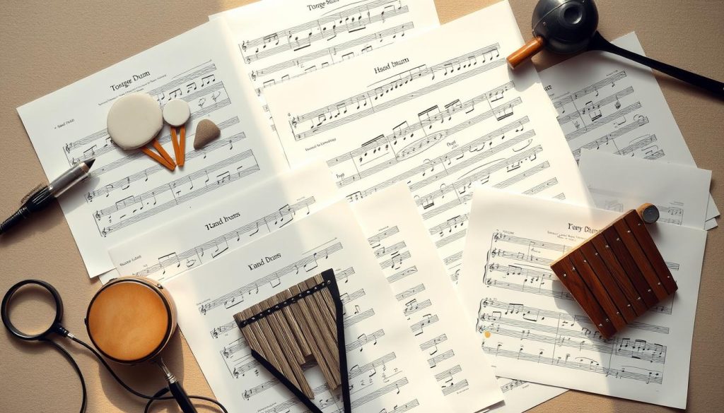 A neatly organized sheet music display, with crisp sheet music pages showcasing a variety of musical instruments like tongue drums, hand drums, and xylophones. The pages are illuminated by soft, natural lighting, creating a warm, inviting atmosphere. The composition features a clean, minimalist layout, allowing the sheet music to take center stage. The background is a neutral, muted tone, ensuring the sheet music is the primary focus. The overall scene conveys a sense of focus, inspiration, and the tools necessary for a musician to explore and practice their craft. A neatly organized sheet music display, with crisp sheet music pages showcasing a variety of musical instruments like tongue drums, hand drums, and xylophones. The pages are illuminated by soft, natural lighting, creating a warm, inviting atmosphere. The composition features a clean, minimalist layout, allowing the sheet music to take center stage. The background is a neutral, muted tone, ensuring the sheet music is the primary focus. The overall scene conveys a sense of focus, inspiration, and the tools necessary for a musician to explore and practice their craft.