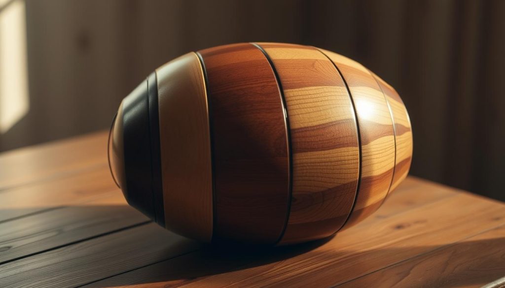 A partitioned tongue drum rests on a wooden table, bathed in warm, diffused lighting that accentuates its organic textures. The drum's segmented design features a range of wooden tones, from rich mahogany to pale ash, each partition precisely crafted to produce a distinct resonant tone. The instrument is captured from a slightly elevated angle, showcasing its intricate surface patterns and the subtle shadows that define its form. The overall mood is one of tranquility and focus, inviting the viewer to imagine the soothing, meditative melodies that could be coaxed from this thoughtfully designed percussion instrument. A partitioned tongue drum rests on a wooden table, bathed in warm, diffused lighting that accentuates its organic textures. The drum's segmented design features a range of wooden tones, from rich mahogany to pale ash, each partition precisely crafted to produce a distinct resonant tone. The instrument is captured from a slightly elevated angle, showcasing its intricate surface patterns and the subtle shadows that define its form. The overall mood is one of tranquility and focus, inviting the viewer to imagine the soothing, meditative melodies that could be coaxed from this thoughtfully designed percussion instrument.