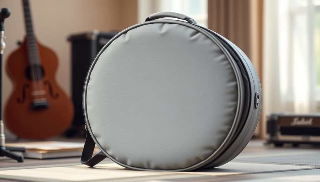 A protective tongue drum case in a soft, muted gray color, made of durable, water-resistant fabric with a sturdy zipper closure. The case features well-padded interior walls to cushion and safeguard the drum during transport, with a contoured shape that follows the curves of the instrument. Sleek, minimalist design with a subtle embossed logo on the exterior. Soft, diffused natural lighting illuminates the case's texture and highlights its protective qualities. The case is positioned in the middle ground, with a blurred, atmospheric background that suggests a serene, music-focused setting. A protective tongue drum case in a soft, muted gray color, made of durable, water-resistant fabric with a sturdy zipper closure. The case features well-padded interior walls to cushion and safeguard the drum during transport, with a contoured shape that follows the curves of the instrument. Sleek, minimalist design with a subtle embossed logo on the exterior. Soft, diffused natural lighting illuminates the case's texture and highlights its protective qualities. The case is positioned in the middle ground, with a blurred, atmospheric background that suggests a serene, music-focused setting.