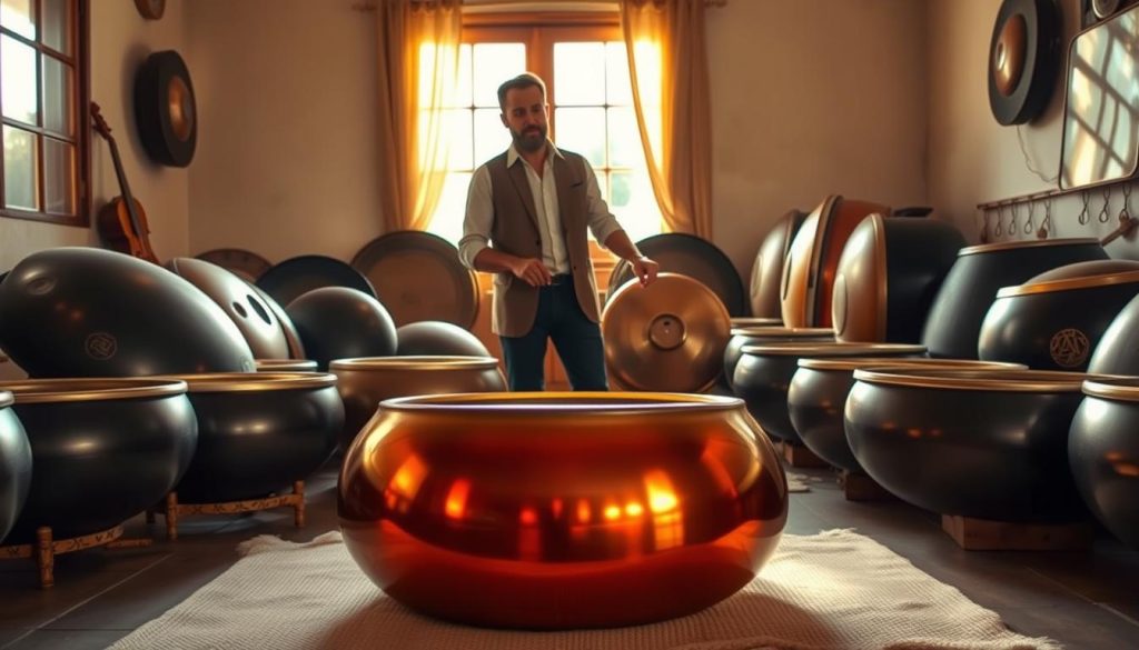 A serene and inviting image of a rustic, sunlit room filled with second-hand handpans. In the foreground, a vibrant handpan rests on a soft, textured mat, reflecting warm metallic tones under soft natural light. In the middle, a knowledgeable seller, dressed in smart casual attire, gently demonstrates the handpan, showcasing its melodic capabilities. Surrounding them are a variety of handpans of different colors and sizes, each with their unique designs. In the background, a window with flowing curtains lets in golden sunlight, creating a peaceful atmosphere. The scene conveys a sense of relaxed interaction, highlighting the advantages of buying second-hand instruments while emphasizing care and consideration in the selection process. The mood is warm and welcoming, encouraging exploration and discovery. A serene and inviting image of a rustic, sunlit room filled with second-hand handpans. In the foreground, a vibrant handpan rests on a soft, textured mat, reflecting warm metallic tones under soft natural light. In the middle, a knowledgeable seller, dressed in smart casual attire, gently demonstrates the handpan, showcasing its melodic capabilities. Surrounding them are a variety of handpans of different colors and sizes, each with their unique designs. In the background, a window with flowing curtains lets in golden sunlight, creating a peaceful atmosphere. The scene conveys a sense of relaxed interaction, highlighting the advantages of buying second-hand instruments while emphasizing care and consideration in the selection process. The mood is warm and welcoming, encouraging exploration and discovery.