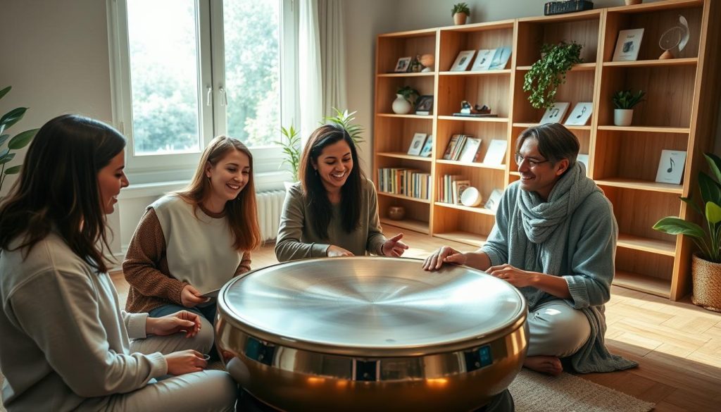A serene and inviting indoor space dedicated to practicing handpan music. In the foreground, a diverse group of three individuals, wearing comfortable yet modest casual clothing, sit in a semi-circle around a beautiful handpan. They exhibit expressions of concentration and joy as they play together, exchanging tips and ideas. In the middle ground, soft natural light floods through an open window, illuminating the handpan’s intricate surface patterns. The background features wooden shelves filled with music books and calming decor, such as plants and musical notes affixed to the walls. The overall atmosphere is warm, encouraging, and inspiring, perfect for fostering creativity and learning in a welcoming environment. A serene and inviting indoor space dedicated to practicing handpan music. In the foreground, a diverse group of three individuals, wearing comfortable yet modest casual clothing, sit in a semi-circle around a beautiful handpan. They exhibit expressions of concentration and joy as they play together, exchanging tips and ideas. In the middle ground, soft natural light floods through an open window, illuminating the handpan’s intricate surface patterns. The background features wooden shelves filled with music books and calming decor, such as plants and musical notes affixed to the walls. The overall atmosphere is warm, encouraging, and inspiring, perfect for fostering creativity and learning in a welcoming environment.